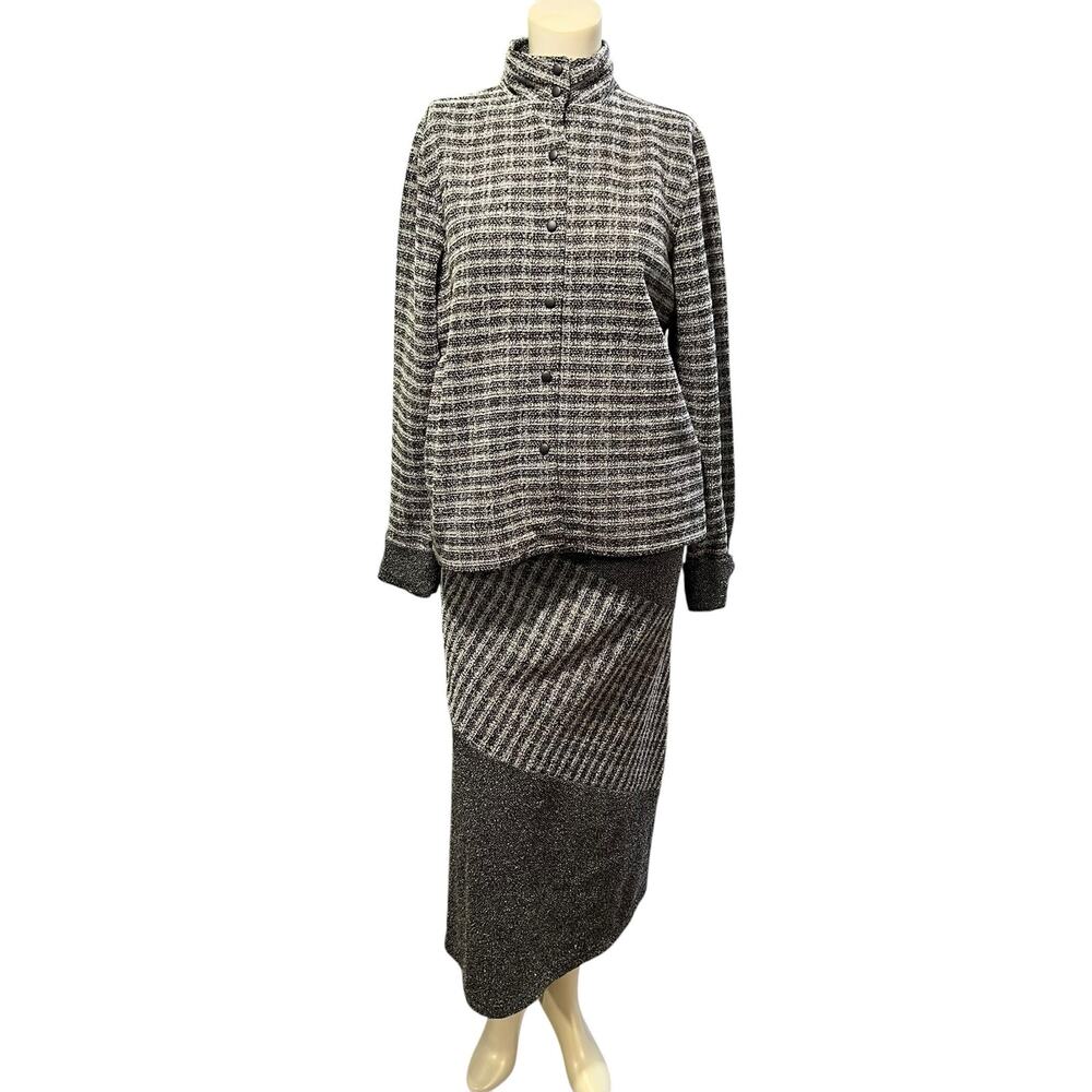 Villager Women's 2 Piece Skirt Suit Set Black Gray Checkered Pattern Petite XL